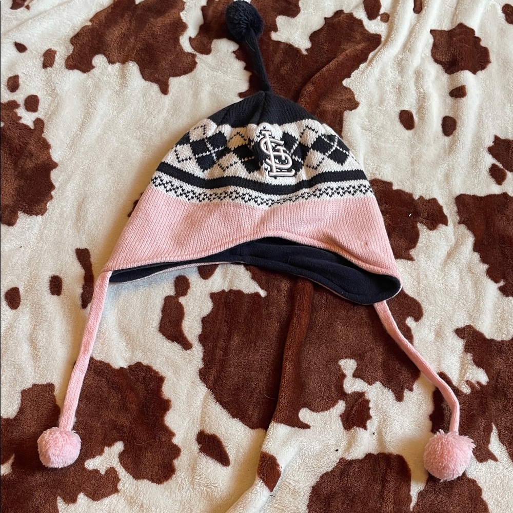 Pink and Black Knit Winter Hat with Pom Poms